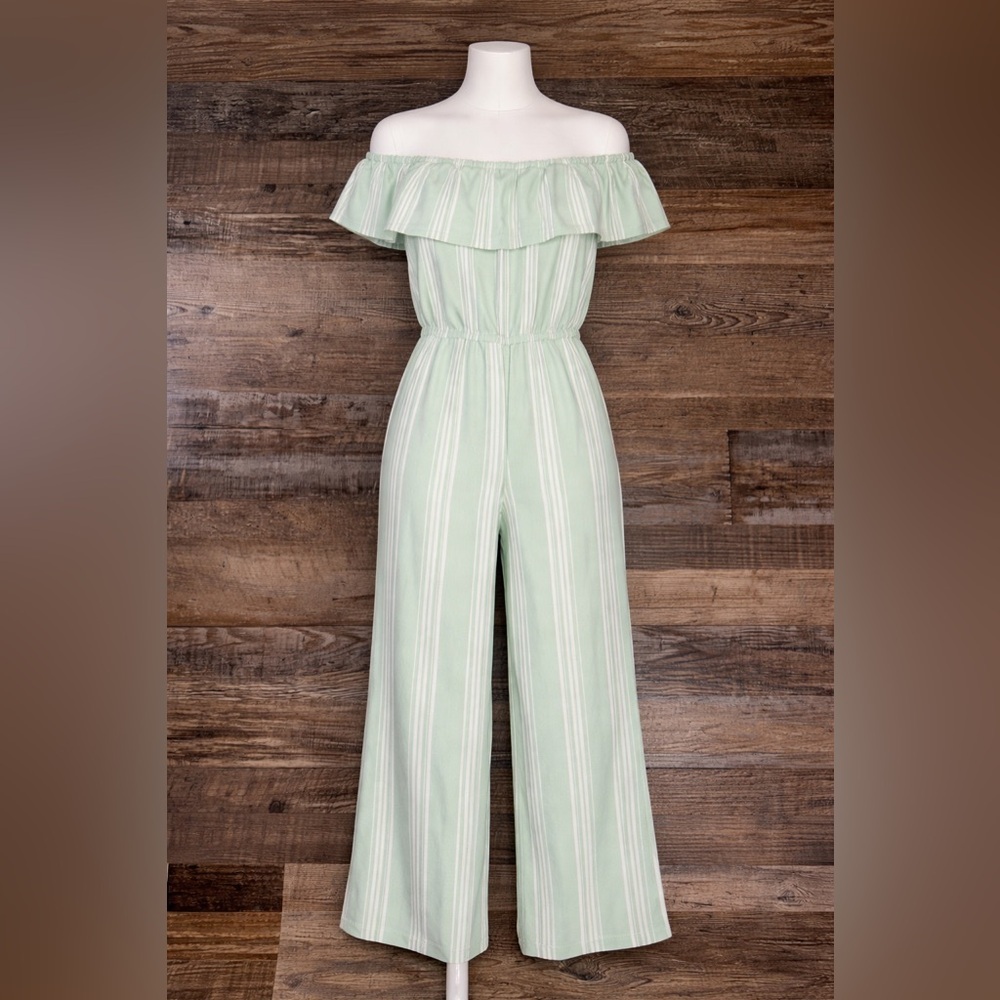 Girls Size 10 Mint Green Stripe Off Shoulder Ruffle Jumpsuit Wide Leg Romper